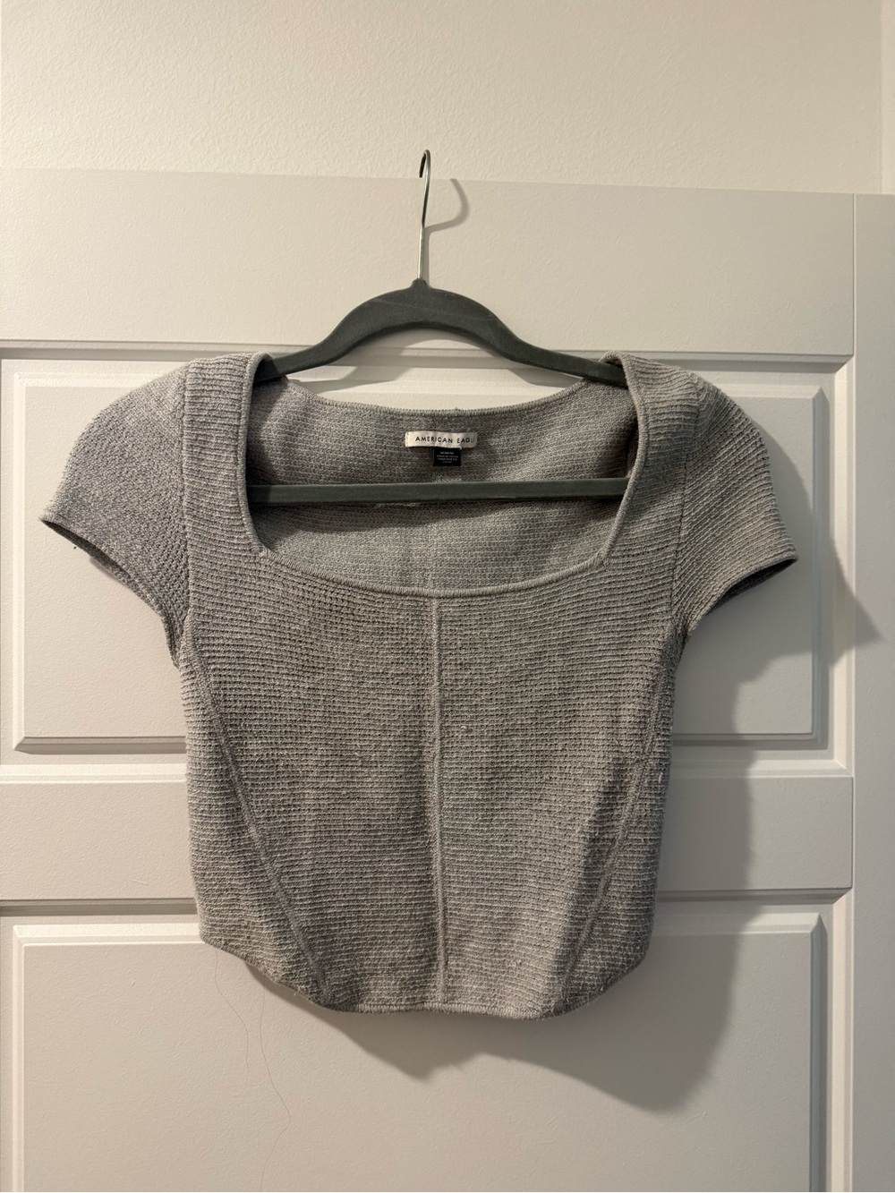 American Eagle Light Gray Knit Scoop-Neck Short Sleeve Top